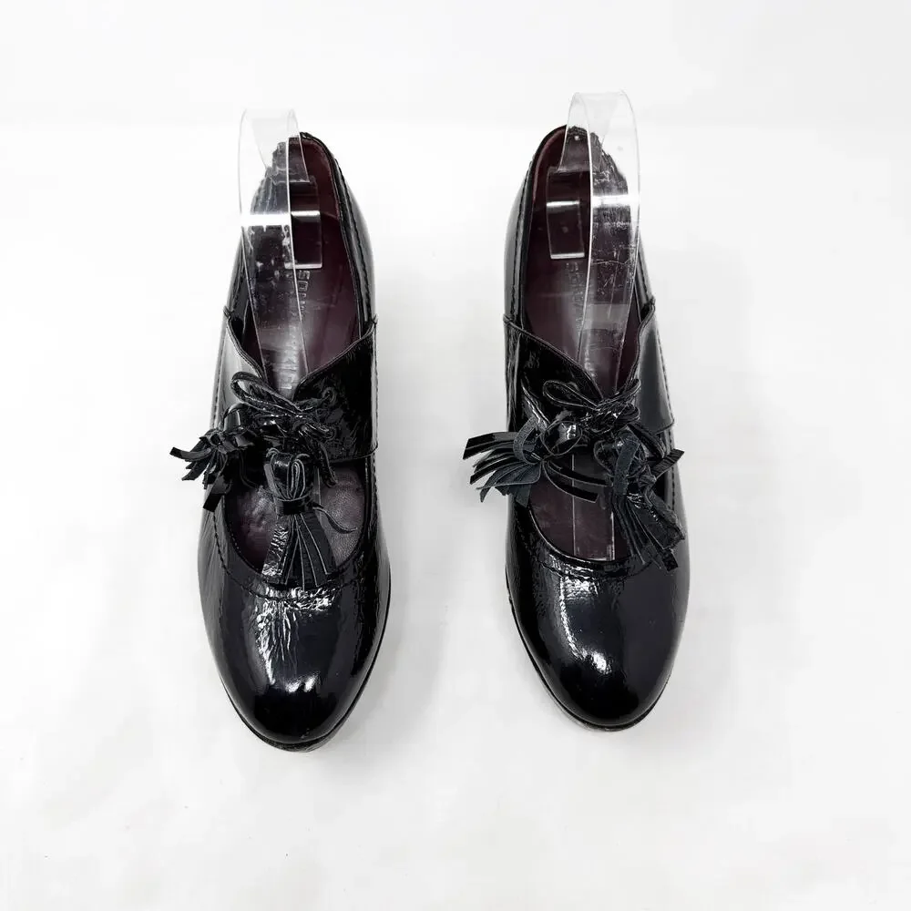 [Sonia Rykiel] Black Patent Leather Platform Wedges Tasseled Oxford Heels Sz 7.5